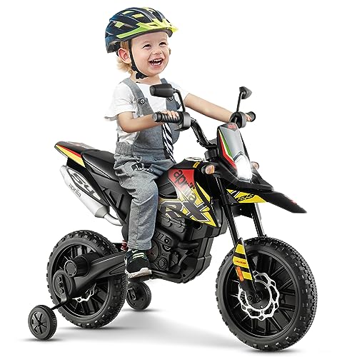 GOPLUS 12V Aprilia Elektro Motorrad, Kindermotorrad mit 2 Stützrädern, Scheinwerfer, Musik für Kinder von 3-8 Jahren, Kinderfahrzeug mit Doppelmotoren & Stoßdämpfer, 5,5-6 km/h (Gelb) von GOPLUS