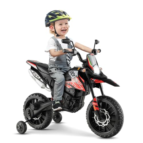 GOPLUS 12V Aprilia Elektro Motorrad, Kindermotorrad mit 2 Stützrädern & Scheinwerfer & Musik für Kinder von 3-8 Jahren, Kinderfahrzeug mit Doppelmotoren & Stoßdämpfer, 5,5-6 km/h (Rot) von GOPLUS