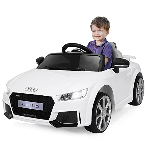 GOPLUS 12V Audi Elektroauto mit 2,4 Ghz Fernbedienung, Kinderfahrzeug mit Musik/Scheinwerfer/Hupe, 2,5-5 km/h, Sicherheitschloss an der Tür, für Kinder von 3-8 Jahren (Weiß) von GOPLUS