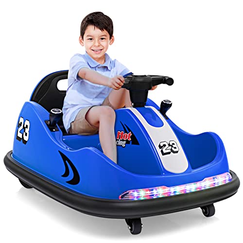 GOPLUS 12V Autoscooter mit 2,4 GHz Fernbedienung & LED-Leuchten, mit Fußpedal, Lenkrad & Sicherheitsgurt, Elektroauto mit Sitz für Kinder von 18-72 Monaten, 2-3km/h (Blau) von GOPLUS