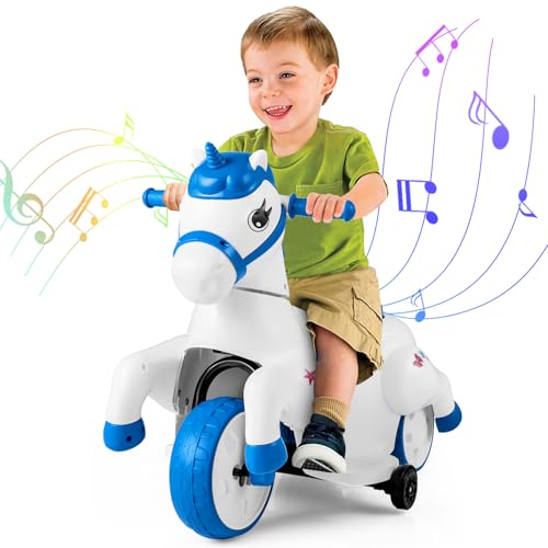 GOPLUS 12V Einhorn Rutschauto, Kinderfahrzeug mit Schaukelfunktion, Kinderauto mit 3 Räder & Stützräder, Elektromotorrad mit Musik & Batterieanzeige, Schaukelpferd für Kinder ab 3 Jahren (Blau) GOPLUS 12V Einhorn Rutschauto, Kinderfahrzeug mit Schaukelfunktion, Kinderauto mit 3 Räder & Stützräder, Elektromotorrad mit Musik & Batterieanzeige, Schaukelpferd für Kinder ab 3 Jahren (Blau) von GOPLUS