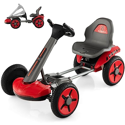 GOPLUS 12V Elektrisches Kinderfahrzeug, Gokart mit verstellbarem Lenkrad und Sitz, LED-Lichter, Klappbares Design, Tretauto zum Reiten für Jungen und Mädchen von 2-5 Jahren (Rot) von GOPLUS