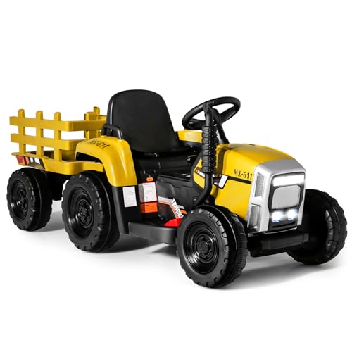 GOPLUS 12V Kinder Elektrischer Traktor mit Anhänger, 3-Gang Elektrofahrzeug mit Fernbedienung, Elektroauto mit LED-Licht & Musik & Bluetooth, 30 kg Belastbarkeit, ab 3 Jahre (Gelb) von GOPLUS