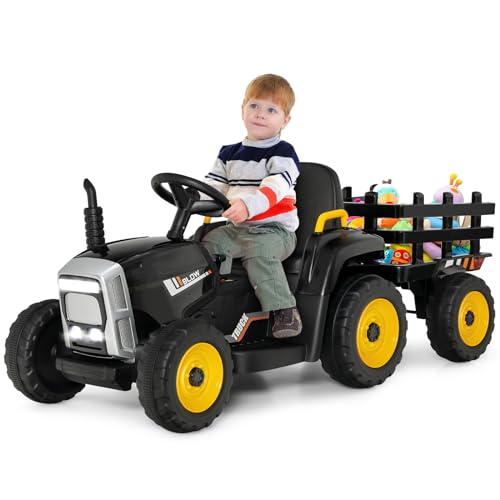 GOPLUS 12V Kinder Elektrischer Traktor mit Anhänger, 3-Gang Elektrofahrzeug mit Fernbedienung, Elektroauto mit LED-Licht & Musik & Bluetooth, 30 kg Belastbarkeit, ab 3 Jahre (Schwarz) von GOPLUS