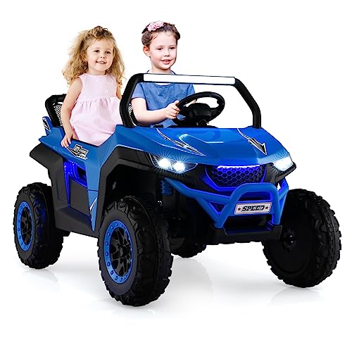 GOPLUS 12V Kinder Elektroauto, 2-Sitzer Kinderfahrzeug mit 2,4 GHz Fernbedienung, Scheinwerfer, Musik, Coolen Lichteffekten & Aufbewahrungstasche, Kinderauto mit Langsam Start für 3-8 Jahre (Blau) von GOPLUS