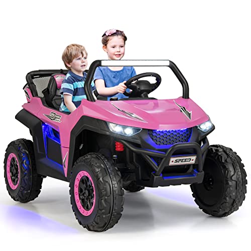 GOPLUS 12V Kinder Elektroauto, 2-Sitzer Kinderfahrzeug mit 2,4 GHz Fernbedienung, Scheinwerfer, Musik, Coolen Lichteffekten & Aufbewahrungstasche, Kinderauto mit Langsam Start für 3-8 Jahre (Rosa) von GOPLUS