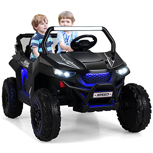 GOPLUS 12V Kinder Elektroauto, 2-Sitzer Kinderfahrzeug mit 2,4 GHz Fernbedienung, Scheinwerfer, Musik, Coolen Lichteffekten & Aufbewahrungstasche, Kinderauto mit Langsam Start für 3-8 Jahre (Schwarz) von GOPLUS