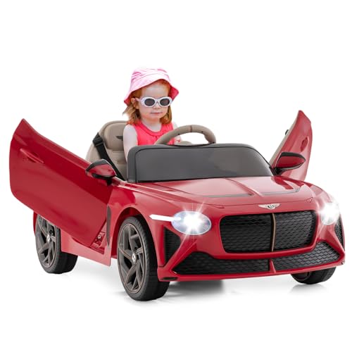 GOPLUS 12V Kinder Elektroauto Bentley, Kinderfahrzeug mit Fernbedienung, LED-Leuchten, Scherentüren, Hupe & Musik, 3 Geschwindigkeiten, Elektrofahrzeug für Kinder ab 3 Jahren (Rot) von GOPLUS