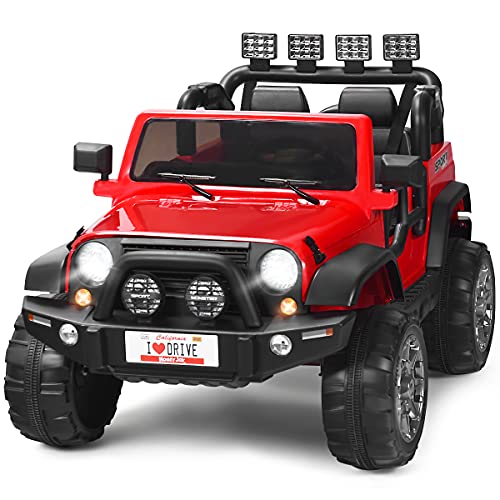 GOPLUS 2-Sitz Kinder Elektroauto, 12V Batteriebetriebener Elektro-LKW mit 2,4 GHz Fernbedienung, LED-Lichte, Musik, Stoßdämpfungfederaufhängung, Verstellbaren Geschwindigkeiten, Langsamer Start (Rot) von GOPLUS