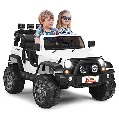 GOPLUS 2-Sitz Kinder Elektroauto, 12V Batteriebetriebener Elektro-Lkw mit 2,4 GHz Fernbedienung, LED-Lichte, Musik, Stoßdämpfungfederaufhängung, Verstellbaren Geschwindigkeiten, Langsamer Start (Weiß) von GOPLUS