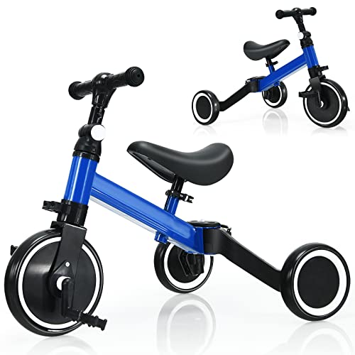 GOPLUS 3 in 1 Kinder Dreirad, Fahrrad mit Abnehmbaren Pedalen, Verstellbarem Sitz & Lenker, Laufrad mit Lenkbegrenzung & Eva-Rädern für Jungen & Mädchen von 1-3 Jahren (Blau) von GOPLUS