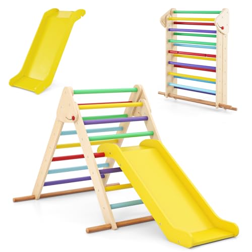 GOPLUS 3 in 1 Kinder Kletterdreieck-Set, Dreieck-Kletterspielzeug mit doppelseitiger Rampe, Klettergerüst Holz zum Rutschen und Klettern, Kletterspielzeug für Kinder ab 1 Jahr, bis 60kg (Bunt) von GOPLUS