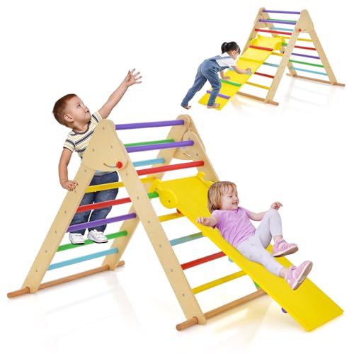 GOPLUS 3 in 1 Kinder Kletterdreieck-Set, Dreieck-Kletterspielzeug mit doppelseitiger Rampe, Klettergerüst Holz zum Rutschen und Klettern, Kletterspielzeug für Kinder ab 1 Jahr, bis 60kg belastbar von GOPLUS