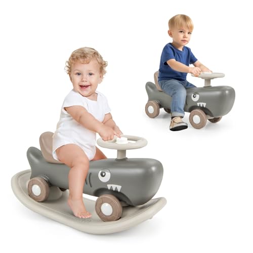 GOPLUS 3 in 1 Kinder Schaukelpferd & Rutschauto & Balance Board, Schaukeltier in Haiform mit Rädern & Lenkrad & rutschfesten Eva-Streifen, Schaukelauto für Kinder ab 1 Jahr(Dunkelgrau) von GOPLUS