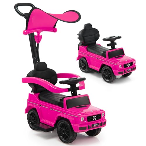 GOPLUS 3 in 1 Mercedes Benz Rutschauto, Schiebewagen mit Schiebegriff, verstellbarem Sonnendach, Schutzgeländer, Hupe & Motorengeräusch, Kinderspielzeug für Kinder ab 1 Jahr (Rosa) von GOPLUS