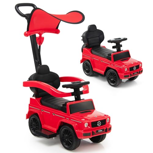 GOPLUS 3 in 1 Mercedes Benz Rutschauto, Schiebewagen mit Schiebegriff, verstellbarem Sonnendach, Schutzgeländer, Hupe & Motorengeräusch, Kinderspielzeug für Kinder ab 1 Jahr (Rot) von GOPLUS