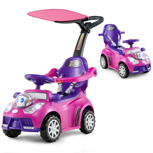 GOPLUS 3-in-1 Rutschauto mit Schiebestange, Rutschfahrzeug Sound, Stauraum, Hupe, Licht, Griff & Sicherheitsgurt, Kinderauto für Kinder ab 1 Jahr (Rosa) von GOPLUS