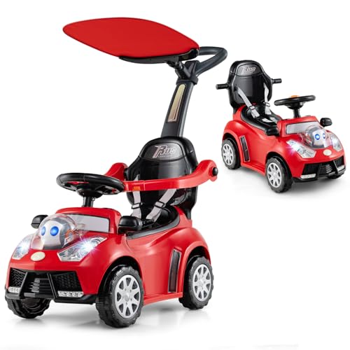 GOPLUS 3-in-1 Rutschauto mit Schiebestange, Rutschfahrzeug Sound, Stauraum, Hupe, Licht, Griff & Sicherheitsgurt, Kinderauto für Kinder ab 1 Jahr (Rot) von GOPLUS