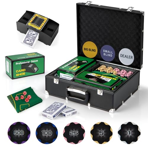 GOPLUS 300 Stück Pokerset, Pokerkoffer mit 2 Kartendecks & 5 Würfel & 3 Dealer-Buttons & Pokertuch & Automatischer Kartenmischer & Kartengeber, Texas Holdem Poker Set für Blackjack (300 Chips) von GOPLUS