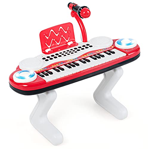 GOPLUS 37 Tasten Kinderklavier, Kinder Keyboard mit Mikrofon & Notenständer, Spielzeug Piano mit Licht, Aufnahme- und Wiedergabe- Funktion, 8 Töne & 8 Rhythmen (Rot) von GOPLUS