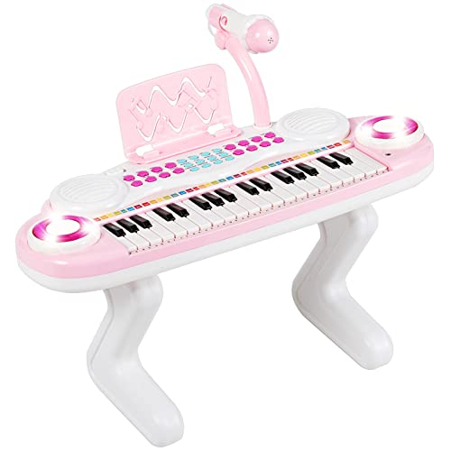 GOPLUS 37 Tasten Kinderklavier, Kinder Keyboard mit Mikrofon & Notenständer, Spielzeug Piano mit Licht, Aufnahme- und Wiedergabe- Funktion, 8 Töne & 8 Rhythmen (Rosa) von GOPLUS