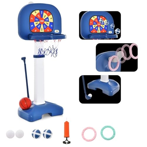 GOPLUS 4 in 1 Kinder Basketballkorb Set, Höhenverstellbarer Basketballständer 111-146 cm, Sportliches Aktivitätszentrum mit Basketball, Zielspiel, Golf und Ringwurf, für Kinder ab 3 Jahren von GOPLUS