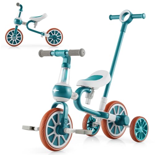 GOPLUS 4 in 1 Kinder Dreirad, Balance Fahrrad mit verstellbarem Schiebegriff, 2-stufiger Sitzhöhe und umkehrbarem Lenker, Laufrad für Kinder im Alter von 2-4 Jahre (Grün) von GOPLUS