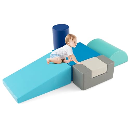 GOPLUS 6 TLG. Schaumstoffbausteine, Softbausteine zum Klettern & Rutschen, Riesenbausteine aus Kunstleder & Schaumstoff, Großbausteine Softbausteine für Baby Kleinkinder (Pfauenblau) von GOPLUS