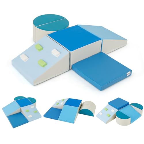 GOPLUS 6 TLG. Schaumstoffbausteine, Softbausteine zum Klettern & Rutschen, Riesenbausteine aus Kunstleder & Schaumstoff, Großbausteine Softbausteine für Baby Kleinkinder ab 1 (Blau) von GOPLUS