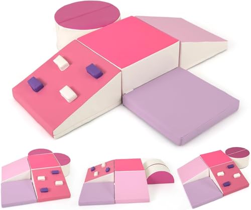 GOPLUS 6 TLG. Schaumstoffbausteine, Softbausteine zum Klettern & Rutschen, Riesenbausteine aus Kunstleder & Schaumstoff, Großbausteine Softbausteine für Baby Kleinkinder ab 1 (Rosa) von GOPLUS