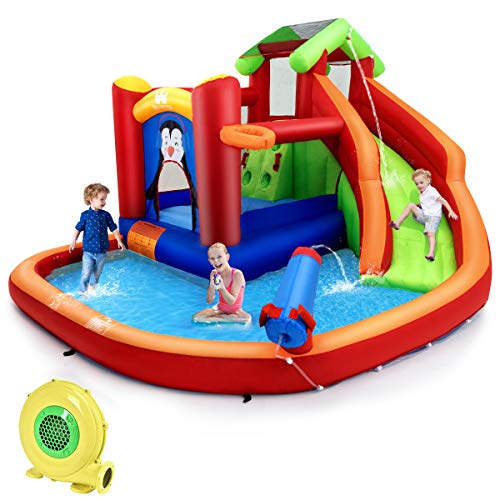 GOPLUS 6-in-1 Aufblasbare Hüpfschloss, Kinderhüpfburg mit Trampolin Rutsche Kletterwand Wasserpistole Basketballkorb, Aufblasbare Hüpfburg mit Tragetasche, für Kinder 3-10 Jahren (Rot, mit Gebläse) GOPLUS 6-in-1 Aufblasbare Hüpfschloss, Kinderhüpfburg mit Trampolin Rutsche Kletterwand Wasserpistole Basketballkorb, Aufblasbare Hüpfburg mit Tragetasche, für Kinder 3-10 Jahren (Rot, mit Gebläse) von GOPLUS