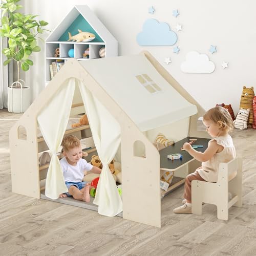 GOPLUS 6 in 1 Kinderzelt, Spielzelt Holz mit Schreibtisch, Stuhl & doppelseitige Tafel, Spielhaus Montessori mit Stauraum, Matte & Vorhänge, Holzspielzelt Indoor für Kinder von 2-6 Jahren (Groß) von GOPLUS