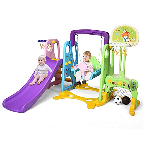 GOPLUS 6 in 1 Spielplatz, 120 cm Rutsche & Schaukel & Basketballkorb & Fußballtor & Leiter, Spielhaus inkl. Basketball, Fußball, Luftpumpe, Spielturm für Indoor und Outdoor, Breite Standbeinen GOPLUS 6 in 1 Spielplatz, 120 cm Rutsche & Schaukel & Basketballkorb & Fußballtor & Leiter, Spielhaus inkl. Basketball, Fußball, Luftpumpe, Spielturm für Indoor und Outdoor, Breite Standbeinen von GOPLUS