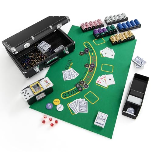 GOPLUS 600 Stück Pokerset, Pokerkoffer mit 2 Kartendecks & 5 Würfel & 3 Dealer-Buttons & Pokertuch & Automatischer Kartenmischer & Kartengeber, Texas Holdem Poker Set für Blackjack (600 Chips) von GOPLUS