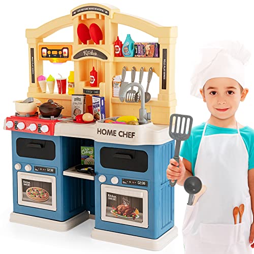 GOPLUS 69 TLG. Kinderküche Set, Kinderspielküche mit Lichtern und Sound, Musik, Dampf- und Kochgeräuschen, Spüle mit fließendem Wasser, Spielküch mit Herd Öfen für Kinder ab 3 Jahren (Blau) von GOPLUS