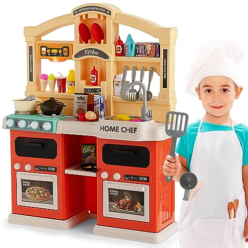 GOPLUS 69 TLG. Kinderküche Set, Kinderspielküche mit Lichtern und Sound, Musik, Dampf- und Kochgeräuschen, Spüle mit fließendem Wasser, Spielküch mit Herd Öfen für Kinder ab 3 Jahren (Orange) von GOPLUS