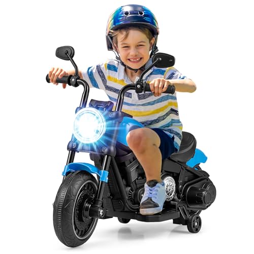 GOPLUS 6V Elektro Motorrad, Kindermotorrad mit Scheinwerfer, 2 Stützrädern, griffigen Lenkern & simulierten Auspuffrohren, Elektromotorrad mit Sanfter Start für Kinder ab 18 Monate(Blau) von GOPLUS