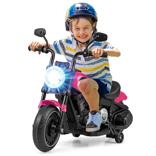 GOPLUS 6V Elektro Motorrad, Kindermotorrad mit Scheinwerfer, 2 Stützrädern, griffigen Lenkern & simulierten Auspuffrohren, Elektromotorrad mit Sanfter Start für Kinder ab 18 Monate(Rosa) von GOPLUS