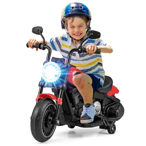 GOPLUS 6V Elektro Motorrad, Kindermotorrad mit Scheinwerfer, 2 Stützrädern, griffigen Lenkern & simulierten Auspuffrohren, Elektromotorrad mit Sanfter Start für Kinder ab 18 Monate(Rot) von GOPLUS