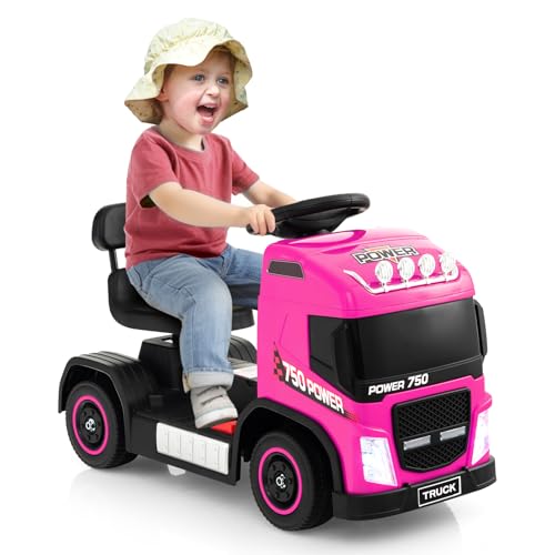 GOPLUS 6V Elektroauto, Kinderfahrzeug mit höhenverstellbarem Sitz, LED-Leuchten, Musik & Hupe, Elektro Kinderauto mit All-Terrain Räder für Kinder von 18-72 Monate (Rosa) von GOPLUS