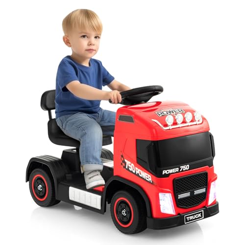 GOPLUS 6V Elektroauto, Kinderfahrzeug mit höhenverstellbarem Sitz, LED-Leuchten, Musik & Hupe, Elektro Kinderauto mit All-Terrain Räder für Kinder von 18-72 Monate (Rot) von GOPLUS