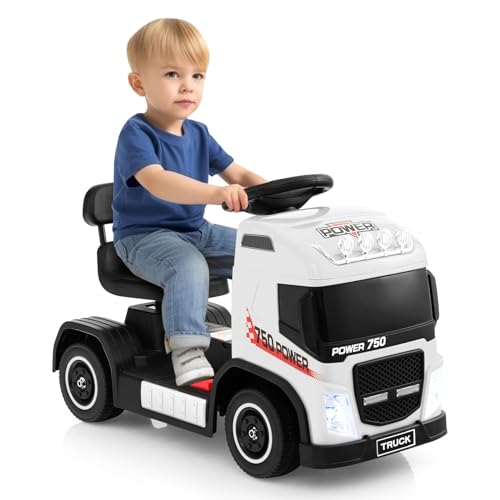 GOPLUS 6V Elektroauto, Kinderfahrzeug mit höhenverstellbarem Sitz, LED-Leuchten, Musik & Hupe, Elektro Kinderauto mit All-Terrain Räder für Kinder von 18-72 Monate (Weiß) von GOPLUS