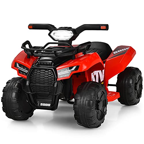 GOPLUS 6V Mini Kinder Elektroquad ATV, Miniquad mit Musik, Hupe, USB & LED-Scheinwerfer, Kindermotorrad mit Fußstütze & 4 Rädern für 18-36 Monate, 44 × 66 × 42 cm, 2km/h (Rot) von GOPLUS