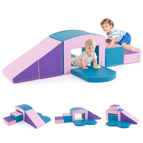 GOPLUS 6er Set Schaumstoffbausteine, Softbausteine zum Klettern & Rutschen, Riesenbausteine aus Kunstleder & Schaumstoff, Großbausteine Softbausteine für Baby Kleinkinder ab 1 (Blau) von GOPLUS