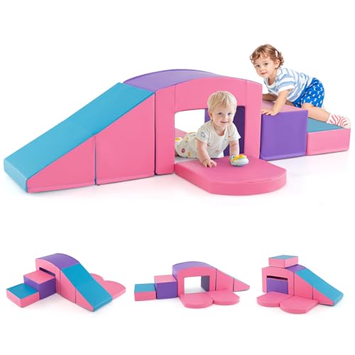 GOPLUS 6er Set Schaumstoffbausteine, Softbausteine zum Klettern & Rutschen, Riesenbausteine aus Kunstleder & Schaumstoff, Großbausteine Softbausteine für Baby Kleinkinder ab 1 (Rosa) von GOPLUS