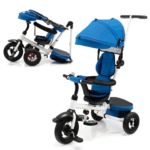 GOPLUS 7 in 1 Kinder Dreirad, Klappbares Kinderdreirad mit verstellbarem Sonnendach und Schiebegriff, drehbarem Sitz, Sicherheitsgurt, Laufrad mit Aufbewahrung für Kinder 1-5 Jahre(Blau) von GOPLUS