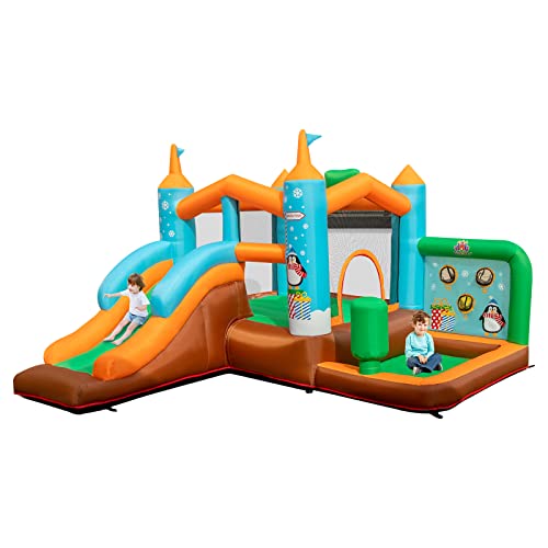 GOPLUS Aufblasbare Hüpfburg, Hüpfschloss Garten Outdoormit Rutsche, Sprungplatz, Boxstangen, Pool, Oxford-Stoff, Schutznetze, Erdspieße, Tragetasche, für Kinder ab 3 Jahren (Pinguin, Ohne Gebläse) von GOPLUS