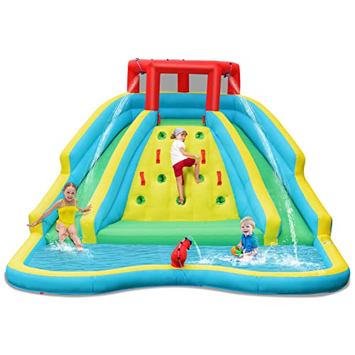 GOPLUS Aufblasbare Hüpfburg, Wasserpark mit Großer Kletterwand, 2 Langen Rutschen, Planschbecken & Wasserkanone, Wasserspielcenter für 3-8 Jahre Kinder, 452x365x233 cm (Symmetrie, Ohne Gebläse) von GOPLUS