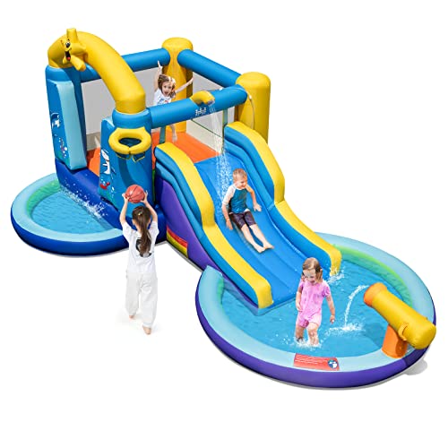 GOPLUS Aufblasbare Hüpfburg, riesige Spielburg mit Rutsche, Basketballkorb und Pool, aufblasbares Spielparadies für Outdoor Garten, mit Erdspießen, Reparaturset, Tragetasche (Seesterne, Mit Gebläse) GOPLUS Aufblasbare Hüpfburg, riesige Spielburg mit Rutsche, Basketballkorb und Pool, aufblasbares Spielparadies für Outdoor Garten, mit Erdspießen, Reparaturset, Tragetasche (Seesterne, Mit Gebläse) von GOPLUS