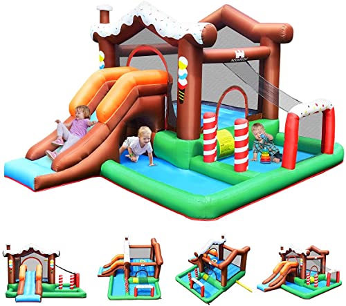 GOPLUS Aufblasbare Hüpfburg für Kinder, Hüpfburg mit Planschbecken, Rutsche, Kletterwand & Basketballkorb, Indoor & Outdoor, mit Netz & komplettem Zubehör, 390 × 335 × 220cm (Haus, Ohne Gebläse) von GOPLUS